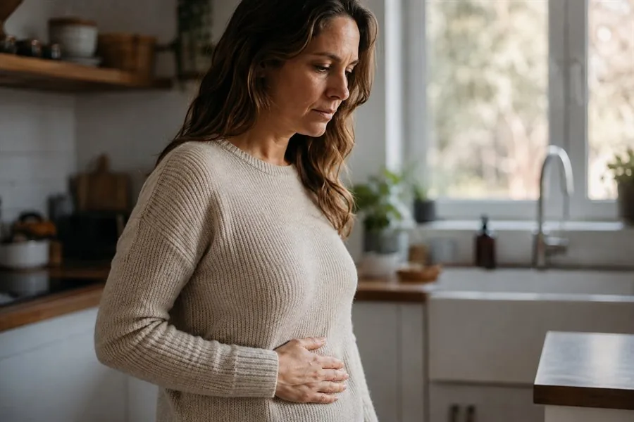 A woman in a cozy sweater standing in a home kitchen with one hand resting gently on her stomach