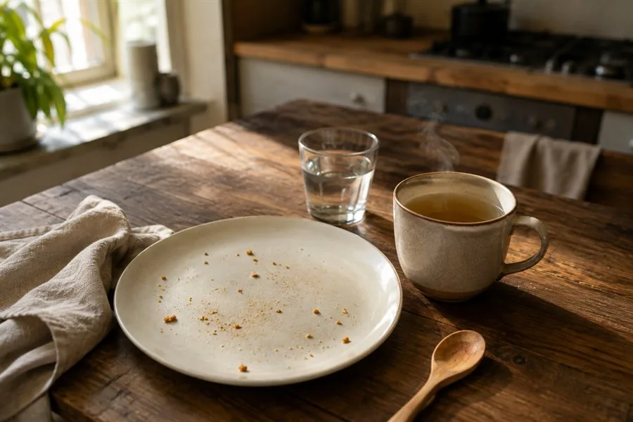 A kitchen table after a meal: an empty plate, a glass of water, a linen napkin and a mug of herbal tea still steaming
