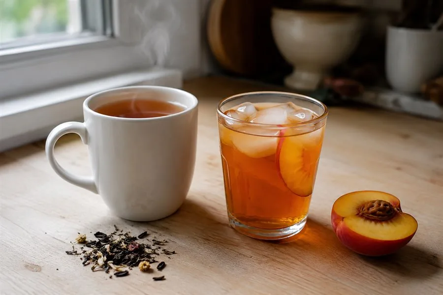 A white mug of hot amber peach tea beside a glass of the same tea served over ice with a slice of fresh peach, on a wooden kitchen counter